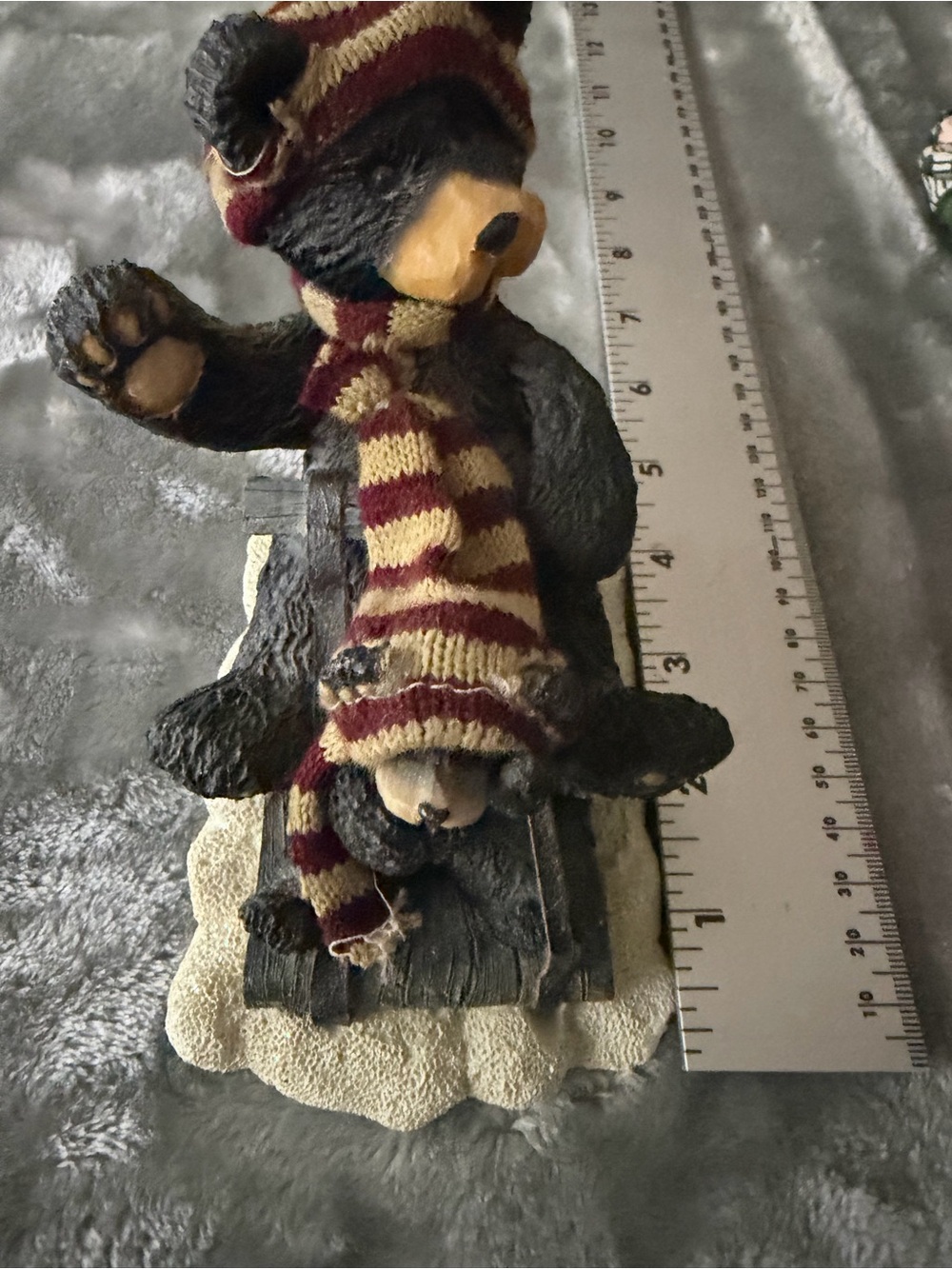 Rustic Bear Figurine with Burgundy & Cream Striped Scarf - Home Accent